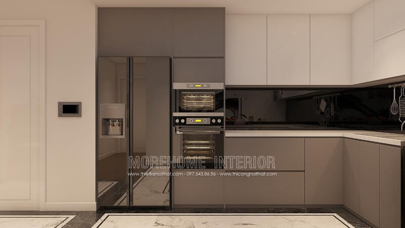 Tủ bếp công nghiệp bóng gương với 2 gam màu đối lập xám - trắng ấn tượng không bao giờ bị lỗi mốt Tủ bếp acrylic