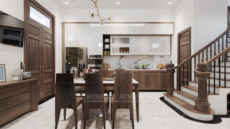 Mẫu tủ bếp chữ I hiện đại này được thiết kế kết hợp từ 2 dòng vật liệu gỗ công nghiệp và gỗ tự nhiên. Tủ bếp biệt thự